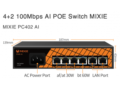 SWITCH POE MIXIE PC-402 AI - 4+2 100Mbs, khoảng cách 250M, Công Nghệ Watchdog Thông minh