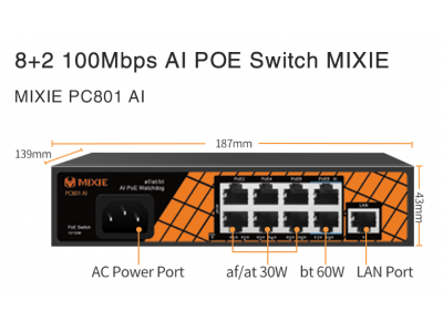 SWITCH POE MIXIE PC-801 AI - 8+1 100Mbs, khoảng cách 250M, Công Nghệ Watchdog Thông minh